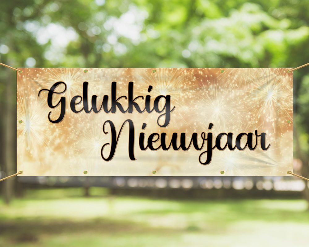 Spandoek Gelukkig Nieuwjaar – Goud -Vuurwerk
