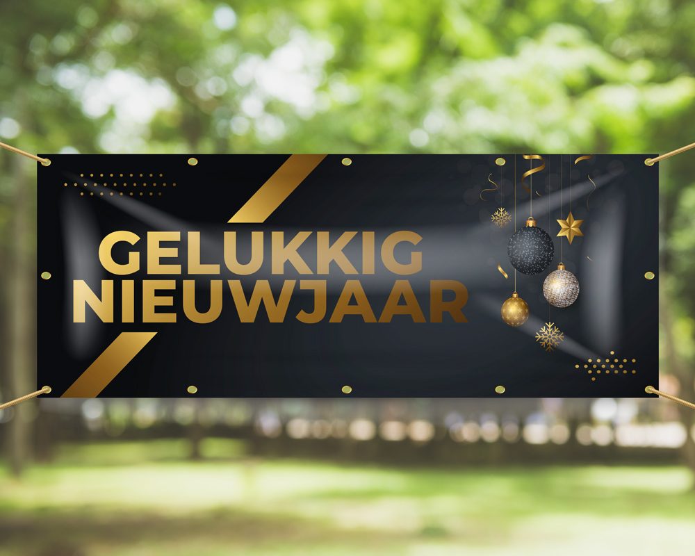 Spandoek Gelukkig nieuwjaar – Gouden versieringen – kerstballen
